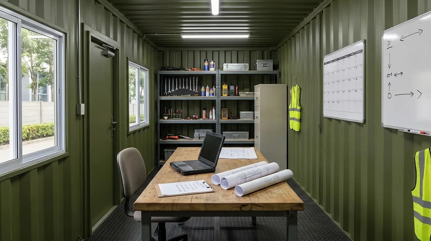 Interior of a converted container combining a desk with rolled drawings and a laptop, steel shelving holding tools and instrument cases, a filing cabinet and high-visibility vests on hooks