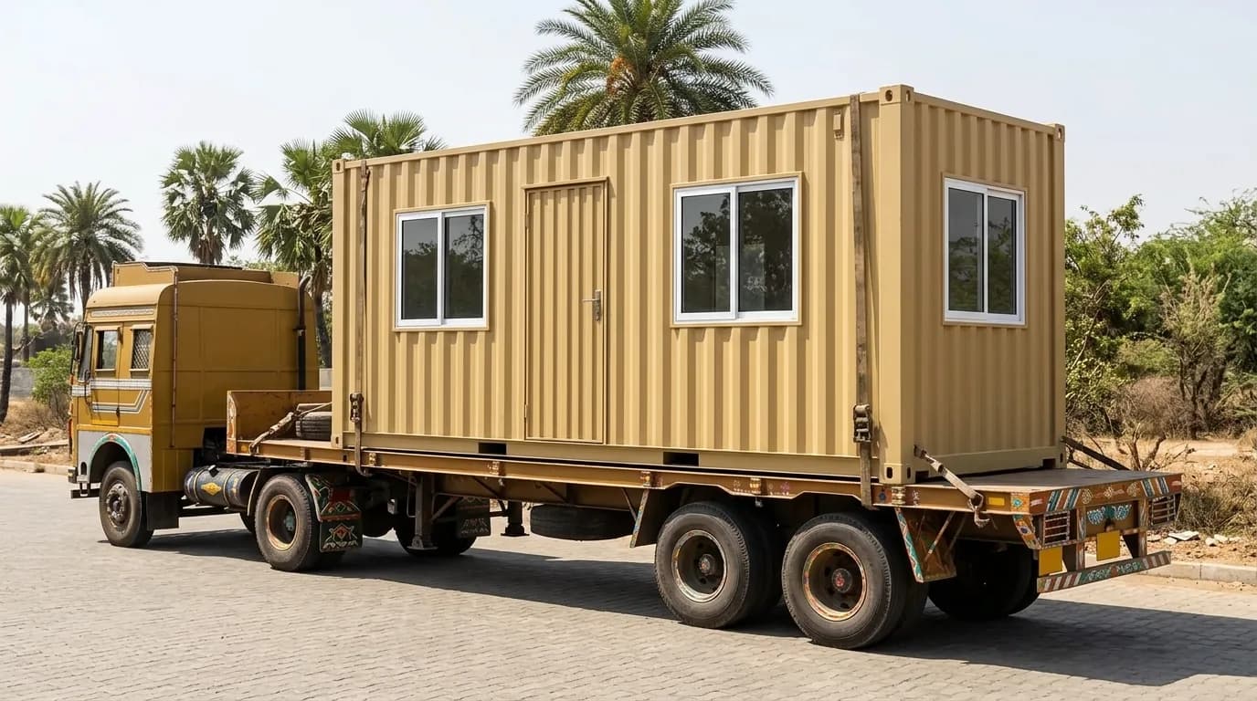 A converted container office in sand-coloured steel, with sliding windows and a personnel door, loaded on the bed of a flatbed trailer behind a truck on a paved road