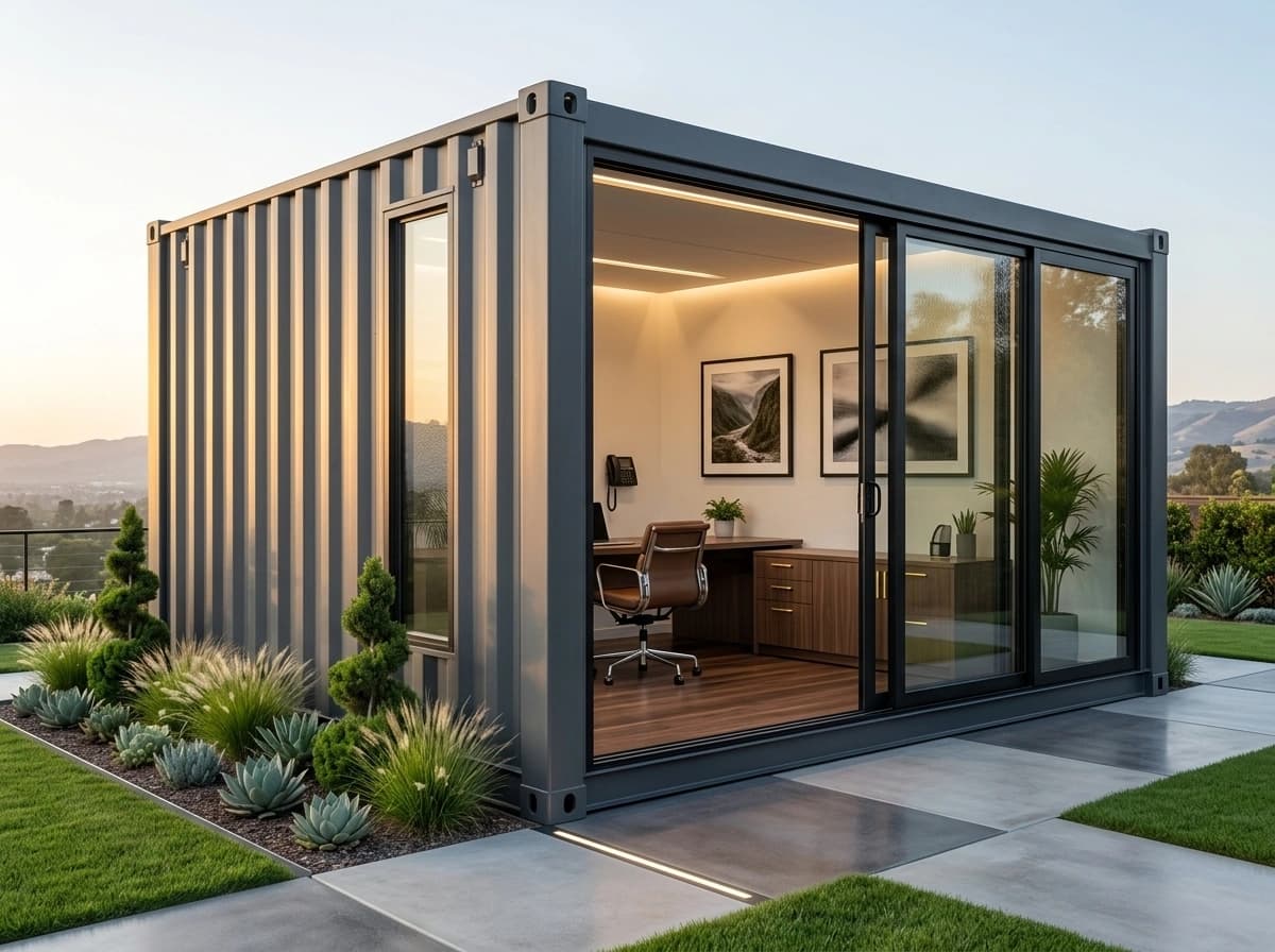 Design visualisation of a dark grey corrugated steel porta cabin seen from a corner, with a full-height glass sliding front showing a furnished office and a tall side window