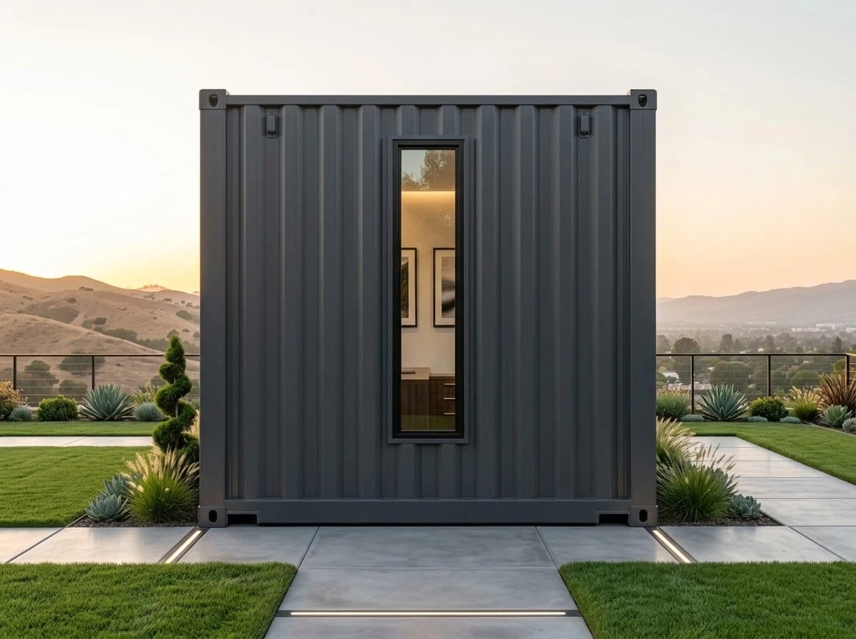 Design visualisation of the end wall of a dark grey corrugated steel porta cabin with one tall, narrow window, standing on a paved path between lawns