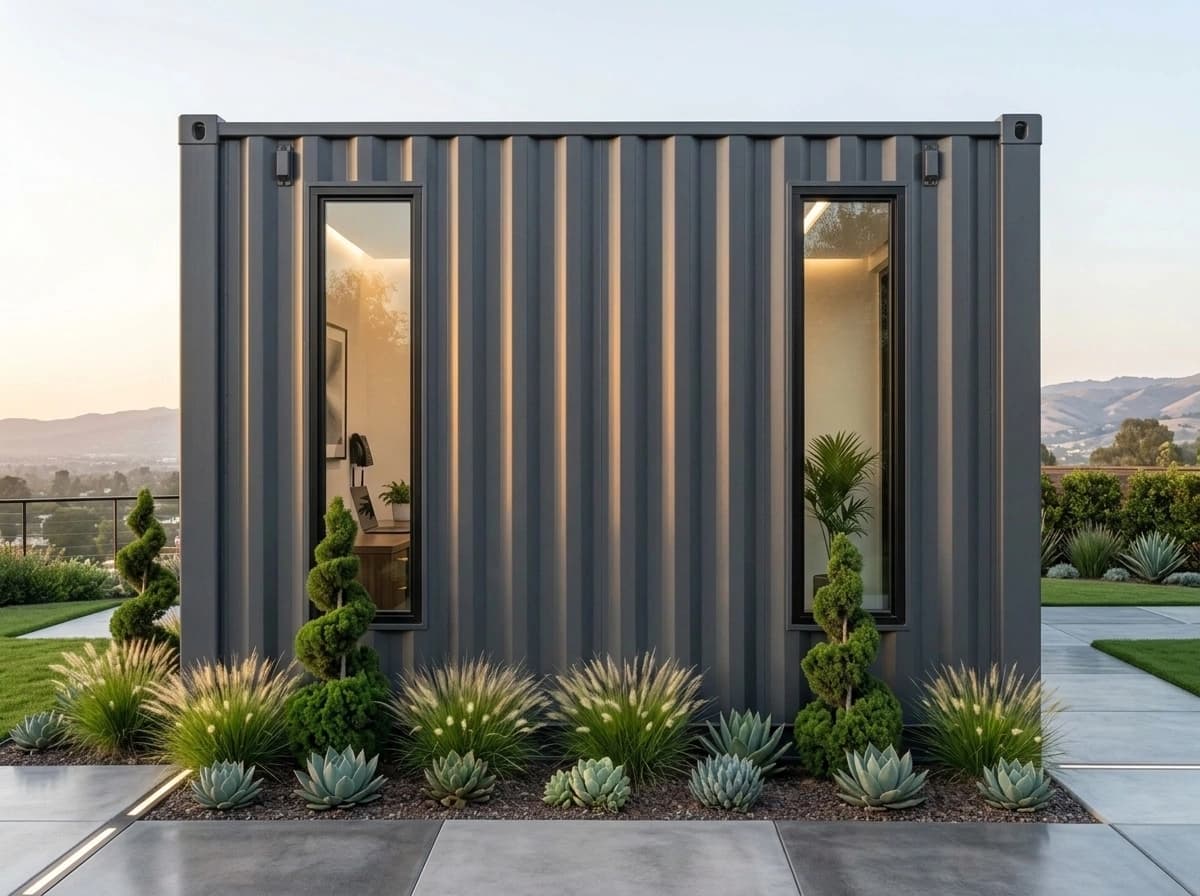 Design visualisation of the long side of a dark grey corrugated steel porta cabin with two tall, narrow windows above a planted border