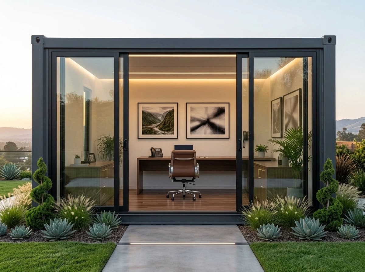 Design visualisation of the front of a dark grey steel porta cabin with full-height glass sliding doors opening onto an office with a desk, a chair and framed pictures