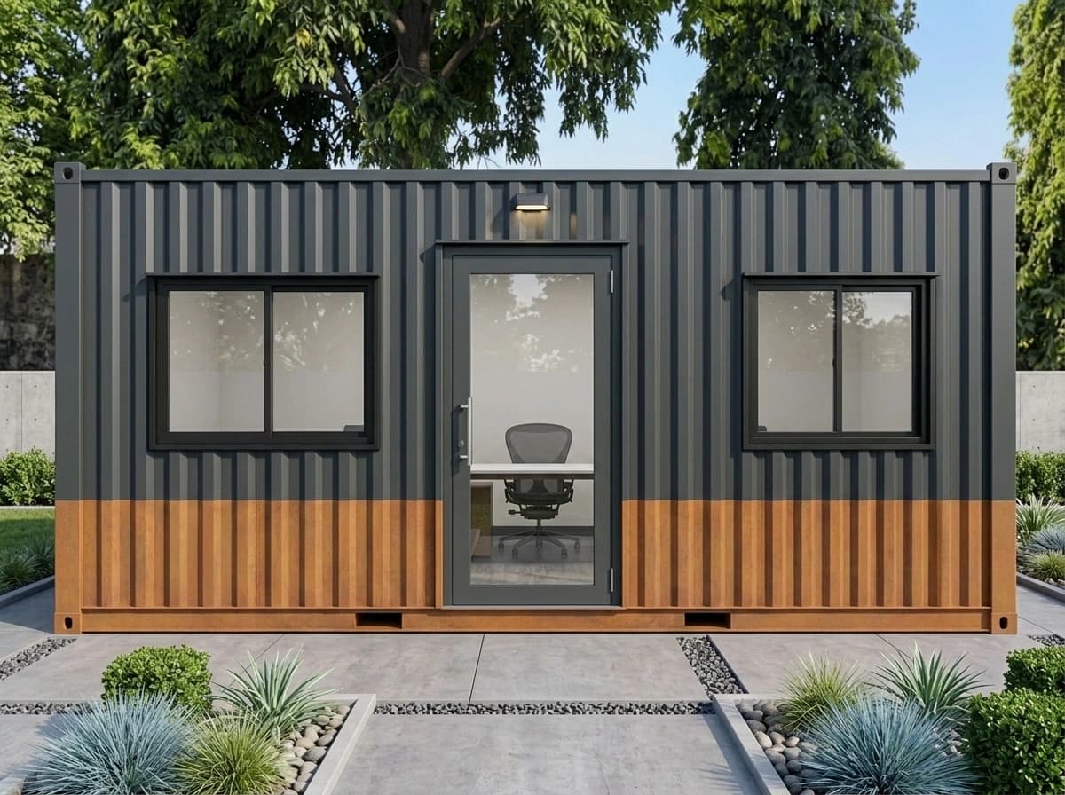 Design visualisation of a porta cabin in dark grey ribbed sheeting with a rust-brown lower band, seen head-on, with a full-height glazed door between two sliding windows and a wall light above the door, on a paved forecourt between planted beds