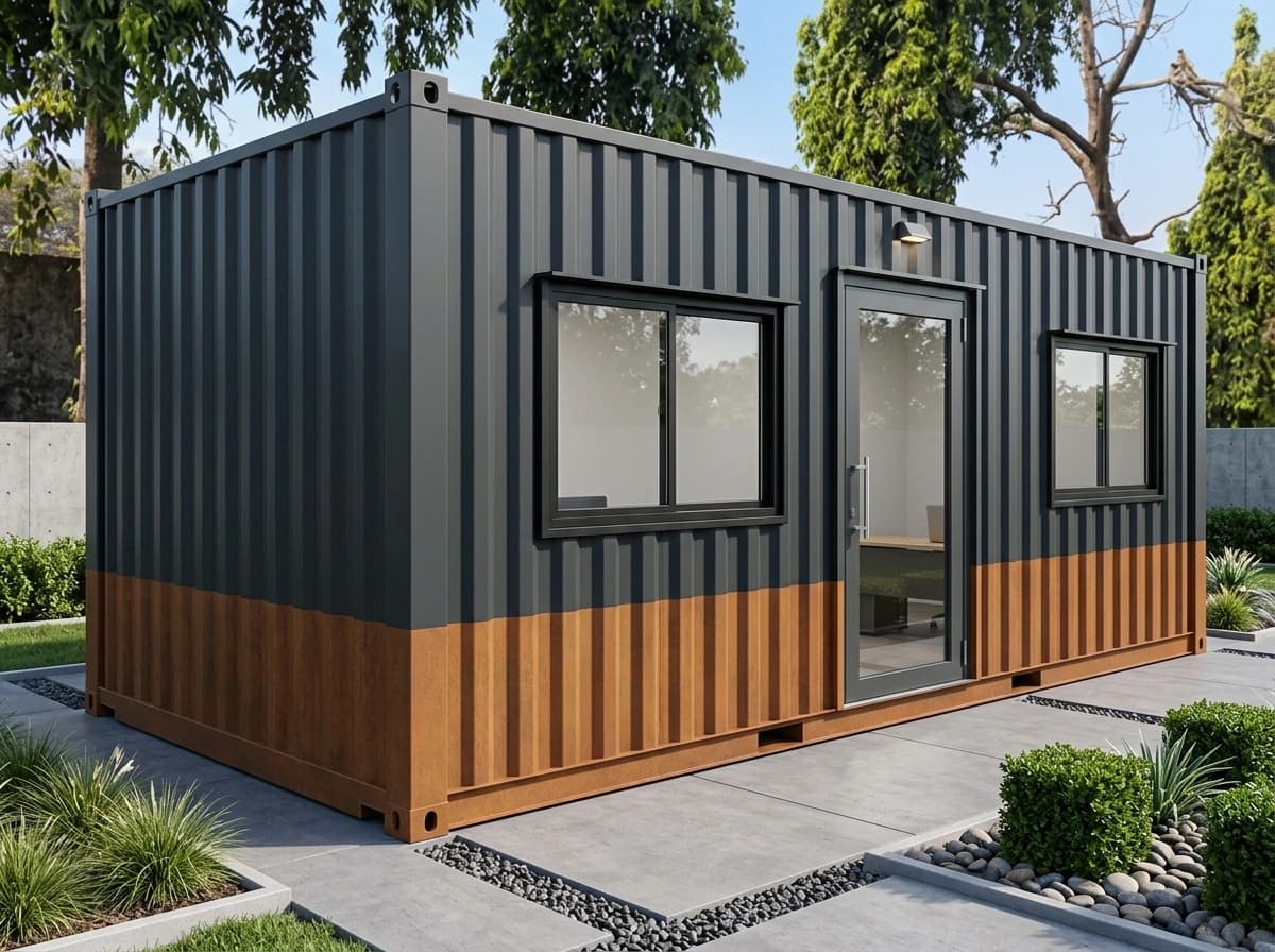 Design visualisation of the same dark grey and rust-brown porta cabin seen from one corner, showing a plain ribbed end wall and, along its long side, two sliding windows and the glazed door, on a paved forecourt between planted beds