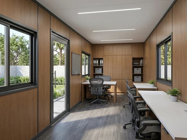Design visualisation of a porta cabin interior set up as an office, with wood-panelled walls, desks and office chairs, shelving and cupboards on the end wall, linear ceiling lights, side windows and a full-height glazed door