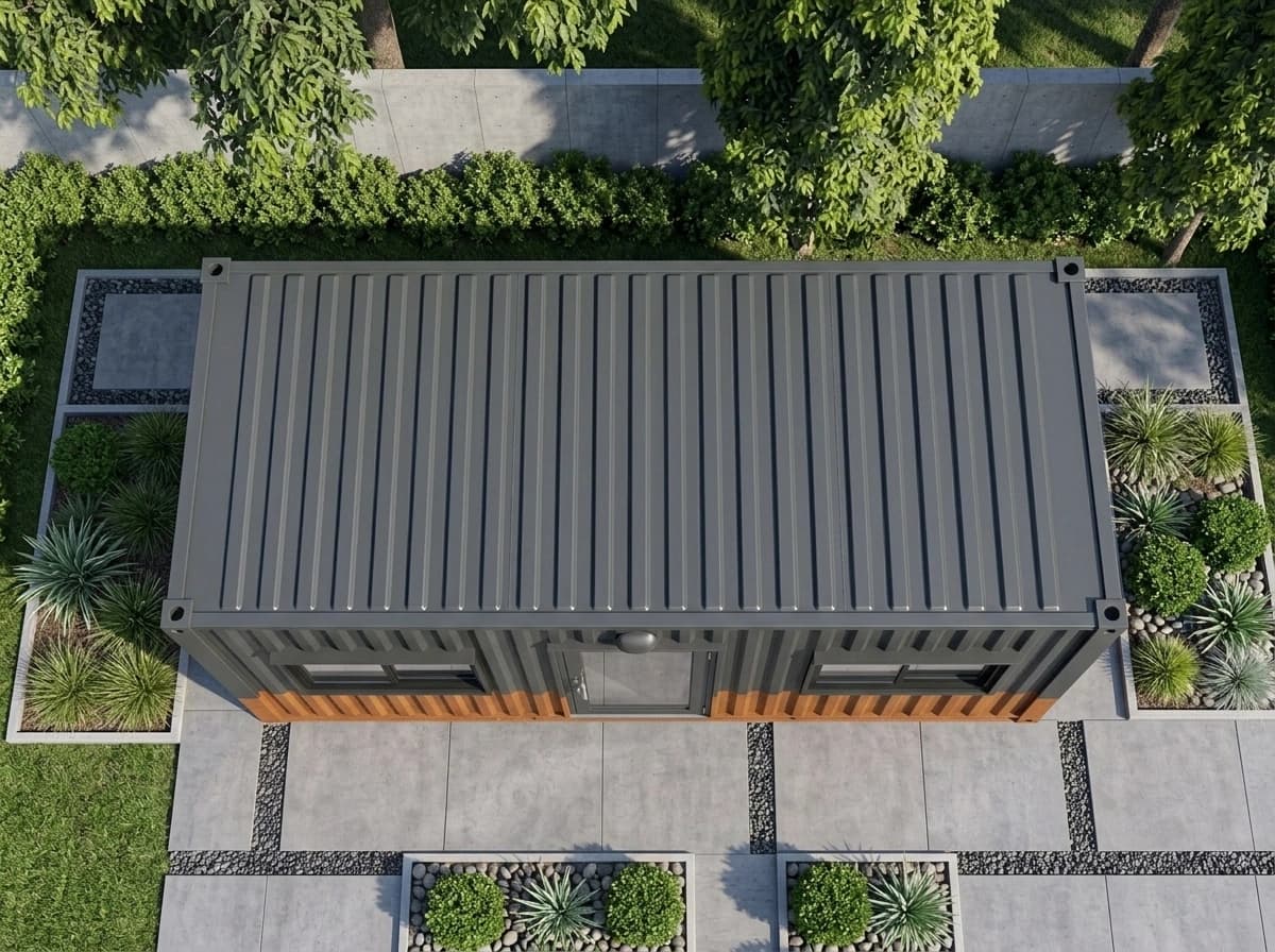Design visualisation of the porta cabin seen from above, showing its flat ribbed grey roof and the top of its front wall with two windows and a door, on a paved pad among planted gravel beds and hedges