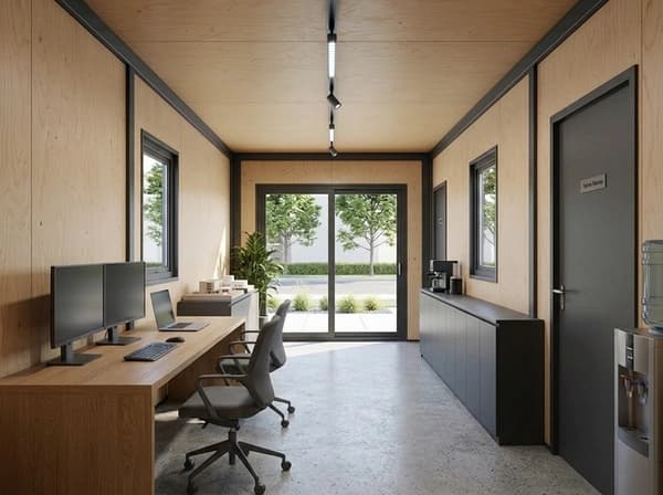 Design visualisation of a long, narrow porta cabin interior set up as an office, with light wood-panelled walls and ceiling, track lights, a long desk with two monitors and a laptop, two office chairs, low dark cupboards and a glazed double door at the far end