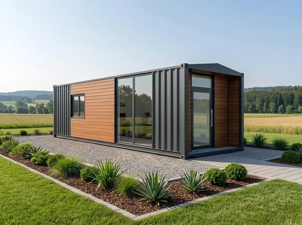 Design visualisation of a grey porta cabin seen from a front corner, clad in dark grey vertical corrugated sheeting with a timber-clad panel, a small window, a full-height glazed panel and a glazed entrance door under an overhanging canopy, on a gravel bed with planted borders and a paved path