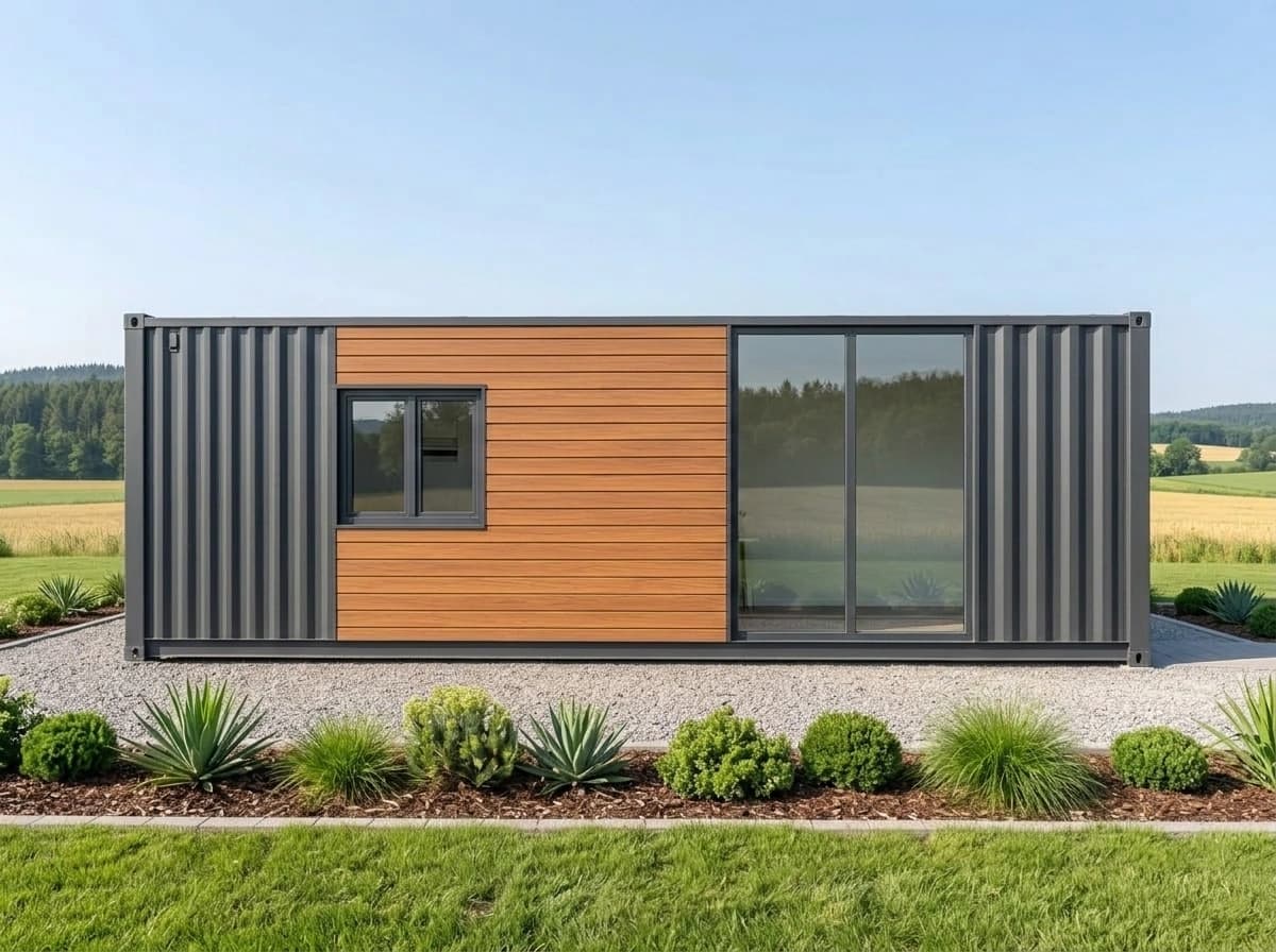 Design visualisation of the same porta cabin's long side, head-on, with dark grey corrugated sheeting at each end, a timber-clad centre panel with a small double window and a full-height glazed panel, behind a planted border