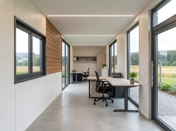 Design visualisation of a porta cabin interior set up as an office, with white walls, a timber-clad panel, linear ceiling lights, two desks with office chairs, a shelf and cupboards, tall windows and a glazed door
