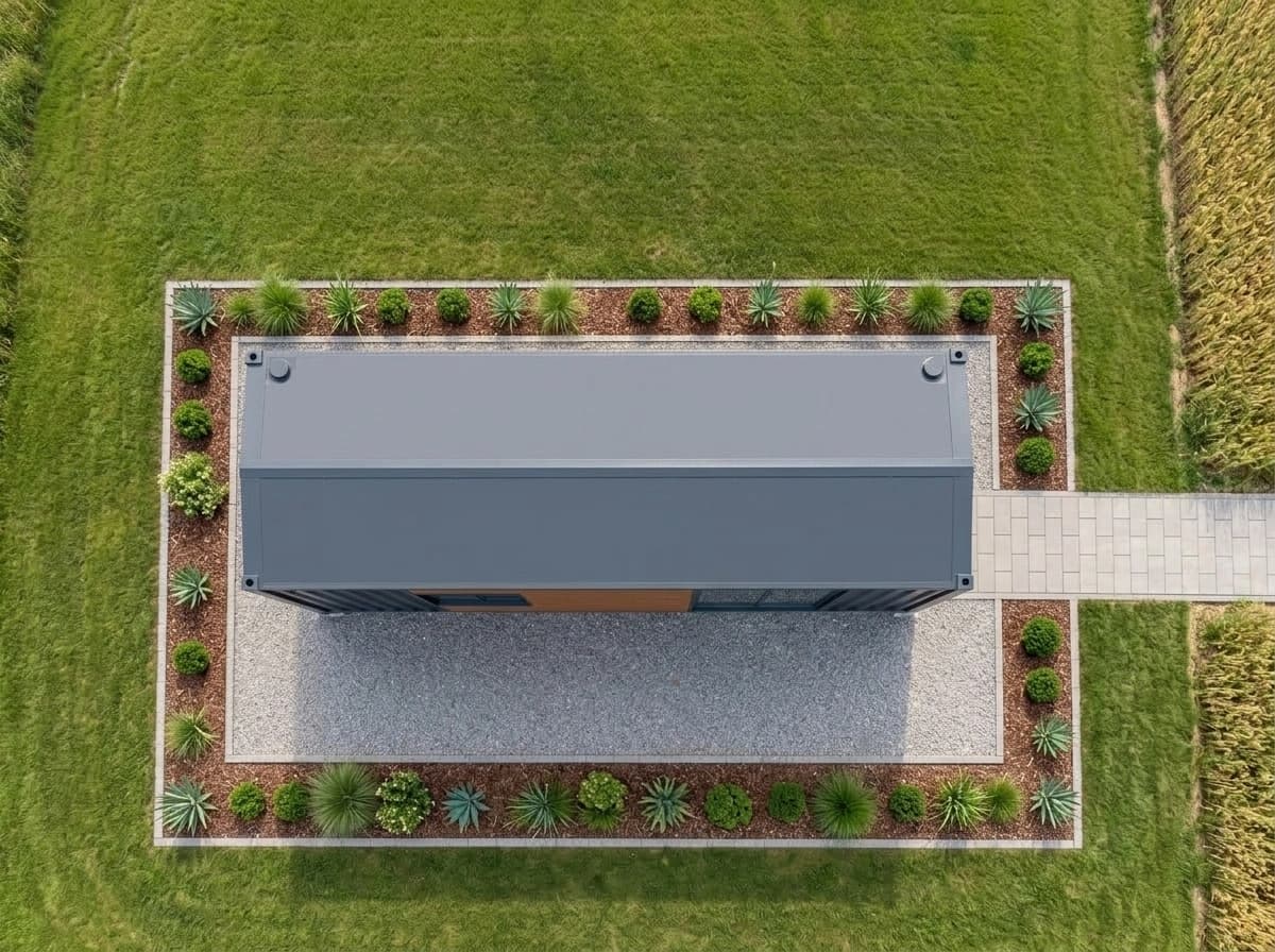 Design visualisation of the porta cabin from directly above, its flat dark grey roof on a gravel pad framed by planted beds, with a paved path leading off across a grass field