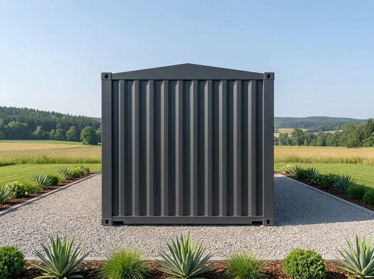 Design visualisation of the porta cabin's short end wall, head-on, in dark grey vertical corrugated sheeting with no door or window, on a gravel bed between planted borders