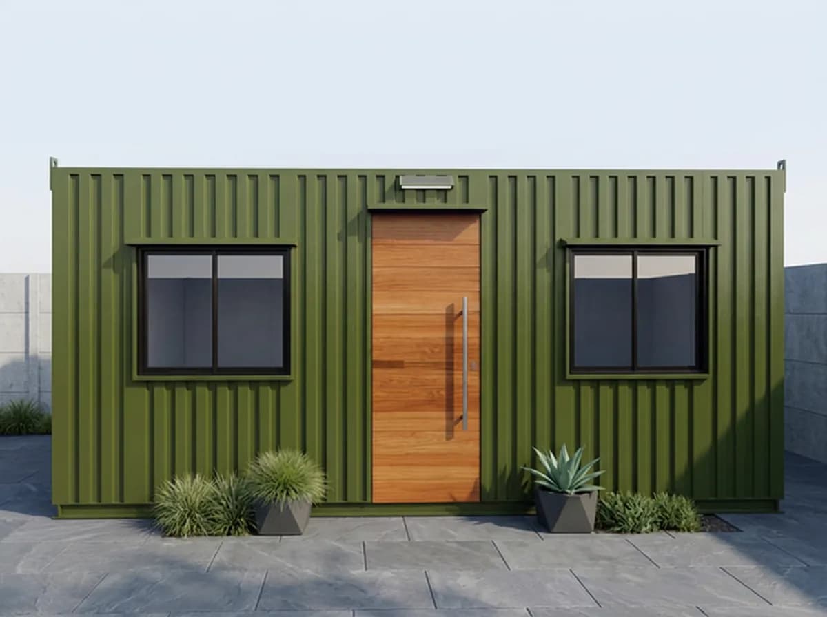 Design visualisation of an olive-green porta cabin seen head-on, clad in vertical corrugated sheeting, with a wood-finish door and long bar handle between two dark-framed windows, a light above the door and potted plants in front, on a paved pad before a concrete wall