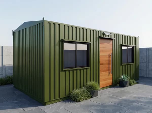 Design visualisation of the same olive-green porta cabin from a front corner, with corrugated sheeting, a gently pitched roof, a wood-finish door and two windows on its long side, and planters beside it on a paved pad