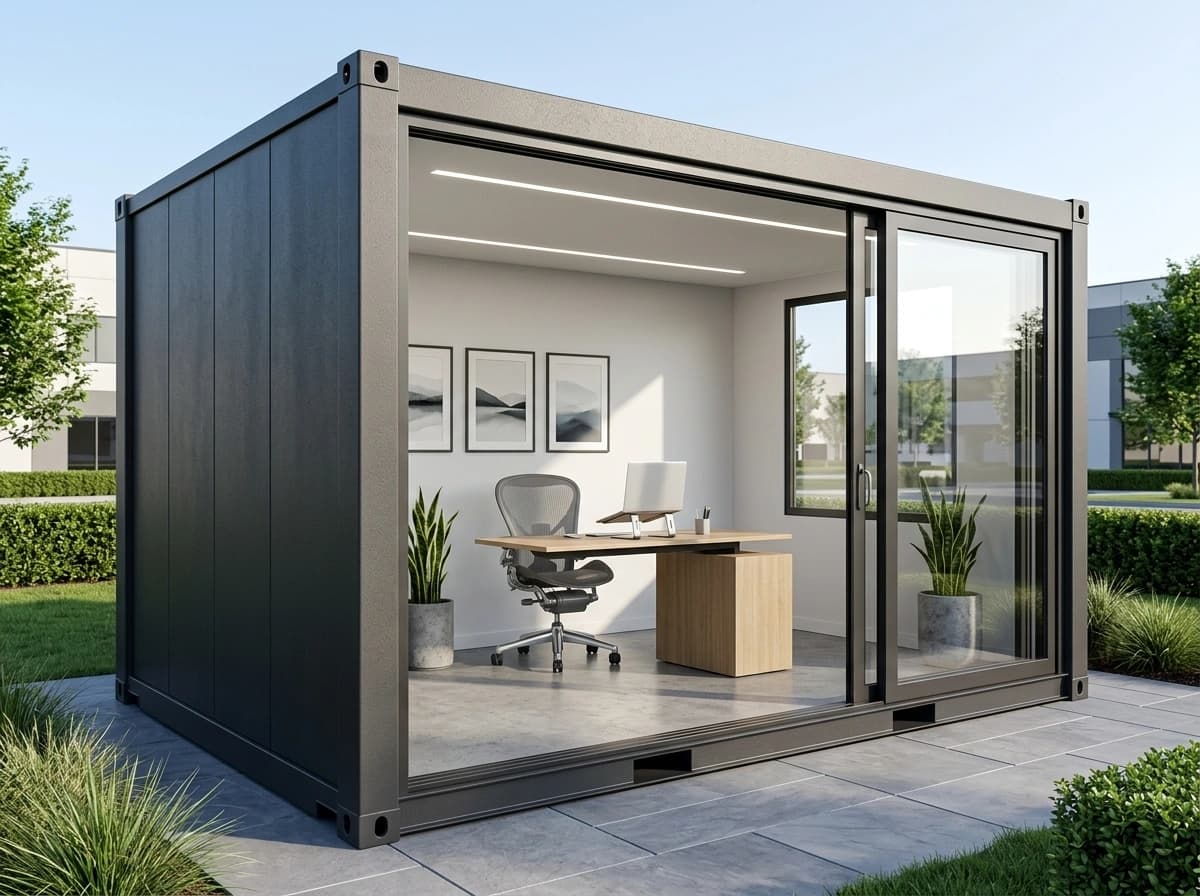 Design visualisation of a dark grey steel porta cabin at a three-quarter angle, with a full-height glass sliding door and a window along one side, a desk and chair inside, on paving beside hedges