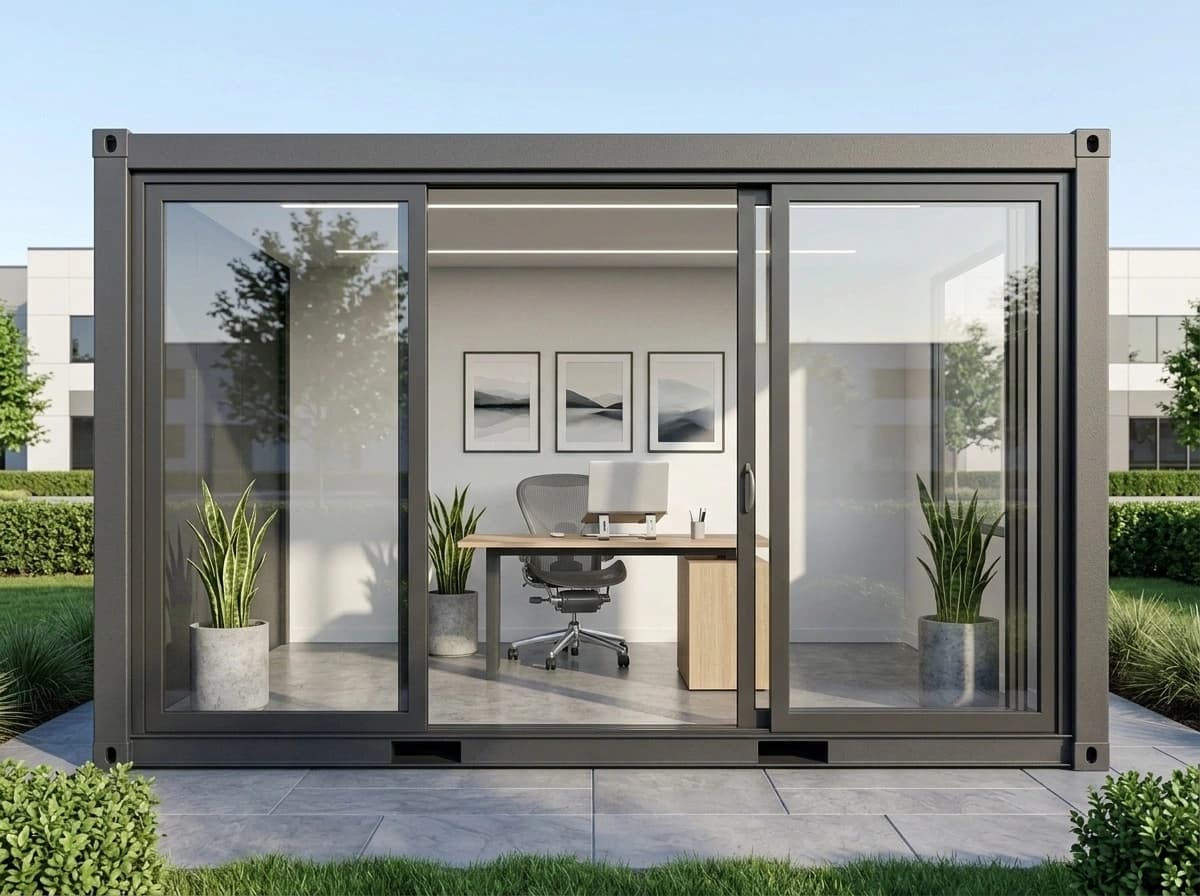 Design visualisation of the long side of a dark grey steel porta cabin seen head-on, with two full-height glass sliding panels and a desk, chair and potted plants inside