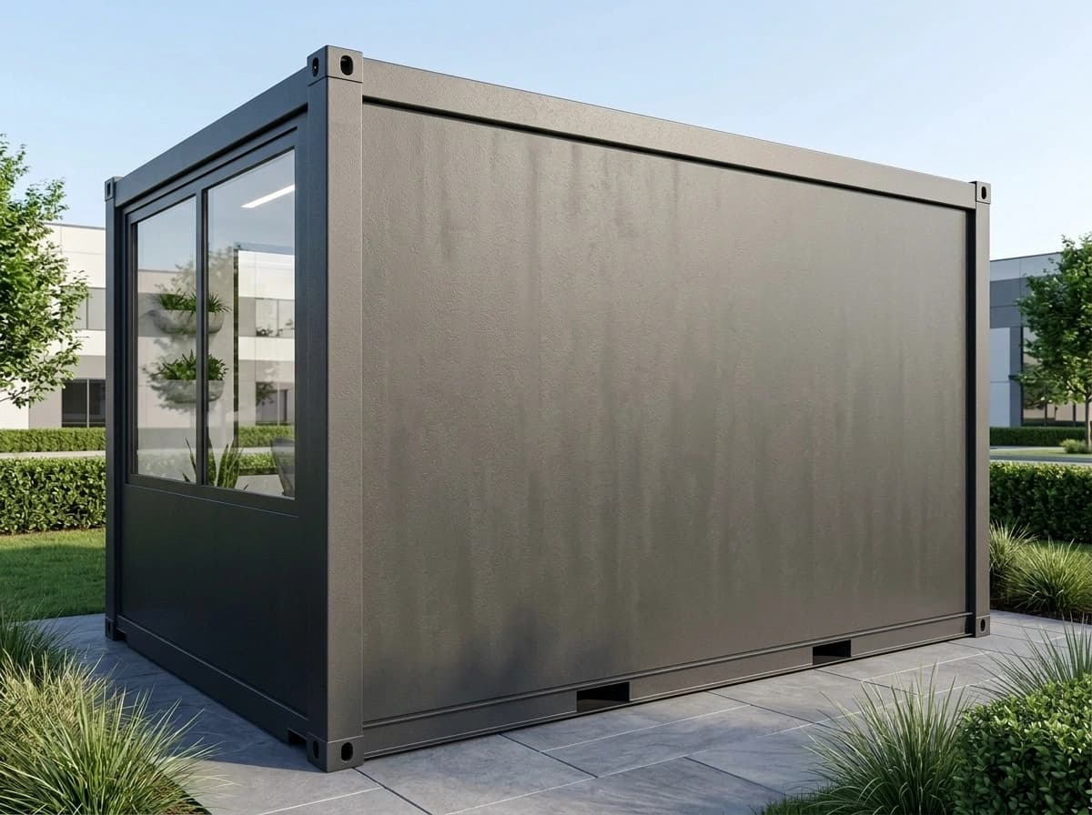Design visualisation of a dark grey steel porta cabin at a three-quarter angle, showing a plain long side wall and a large two-pane window in the end wall