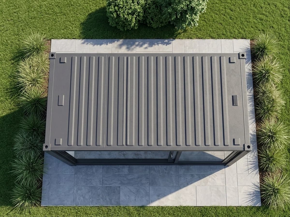Design visualisation of a porta cabin seen from directly above: a dark grey ribbed roof with corner castings, standing on a paved pad bordered by grasses on a lawn