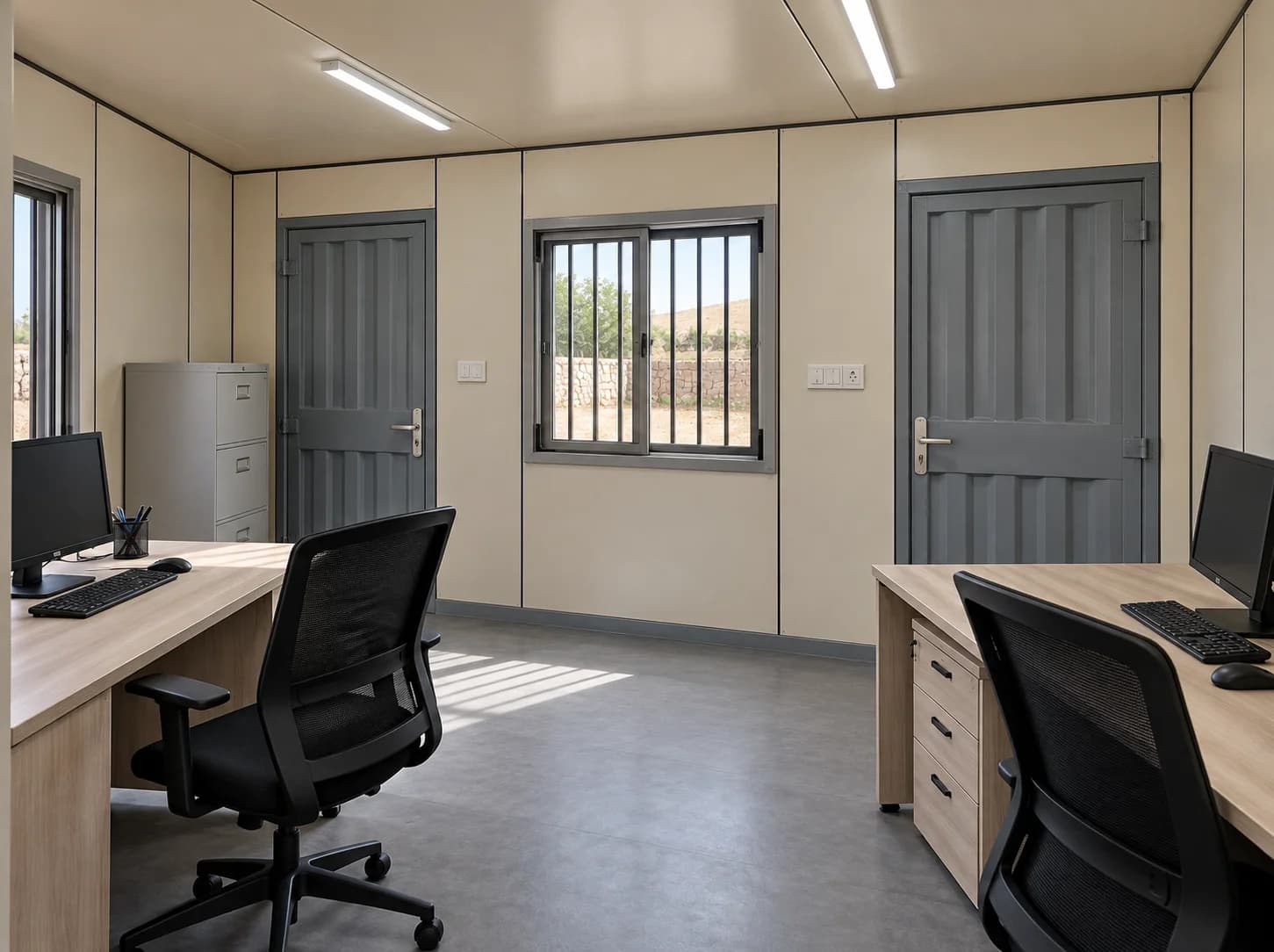 Porta cabin office interior with two desks, computer monitors, mesh office chairs, a filing cabinet, two steel doors and a barred sliding window