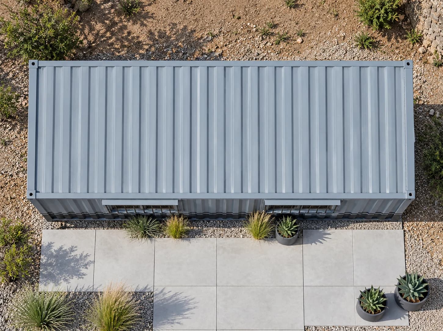 Corrugated roof of a grey porta cabin seen from directly above, with window hoods along one long side and potted plants on a paved pad