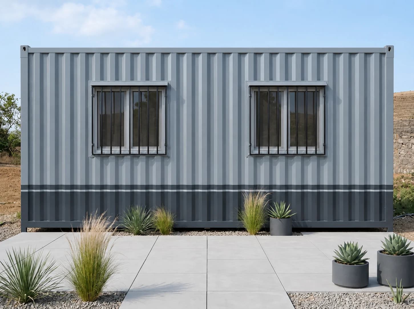 Grey MS porta cabin side with two barred windows under small hoods and a darker lower band, with potted plants on a paved pad