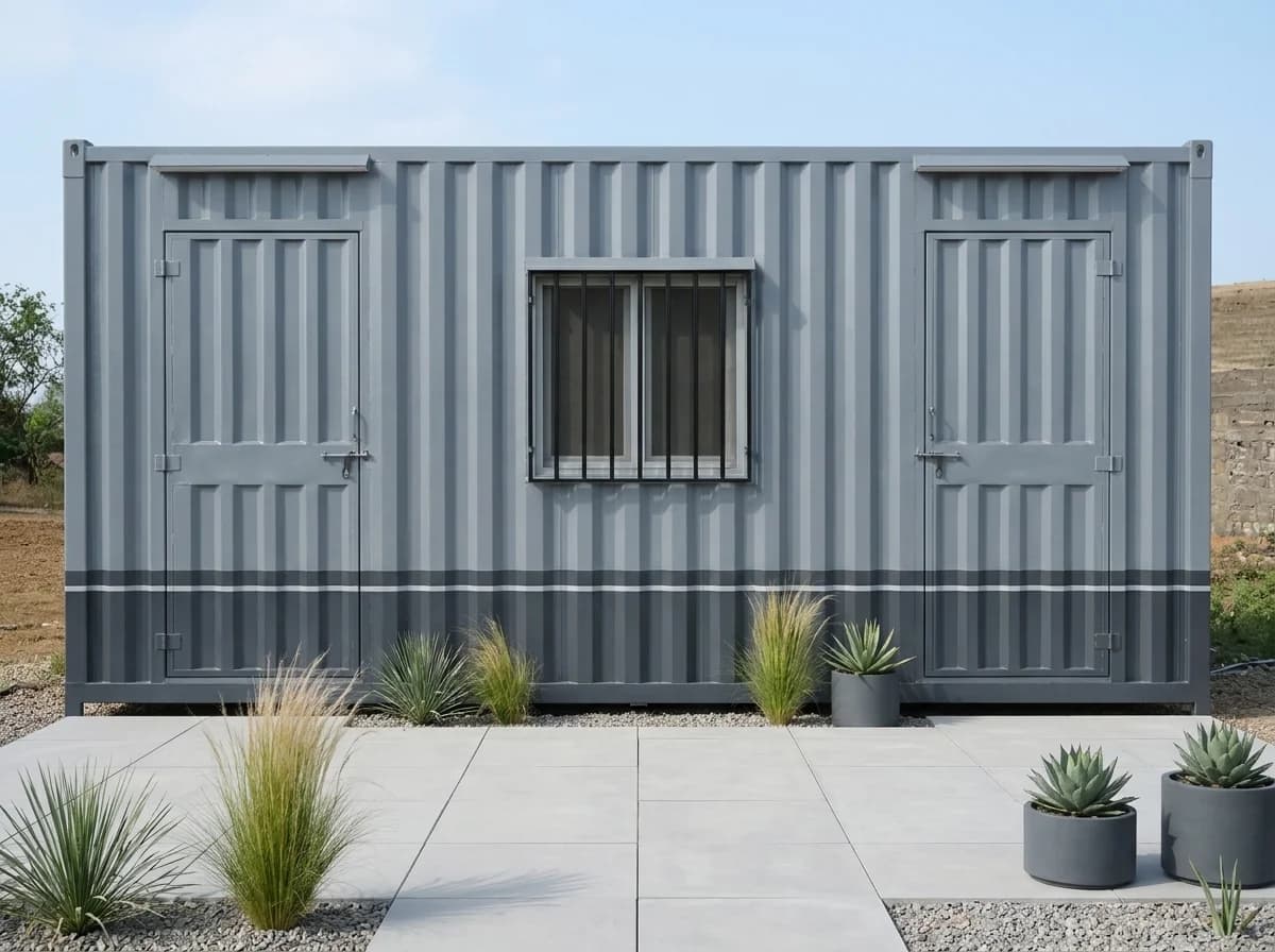 Grey MS porta cabin with two steel entrance doors and a barred window between them, with potted plants on a paved pad in front