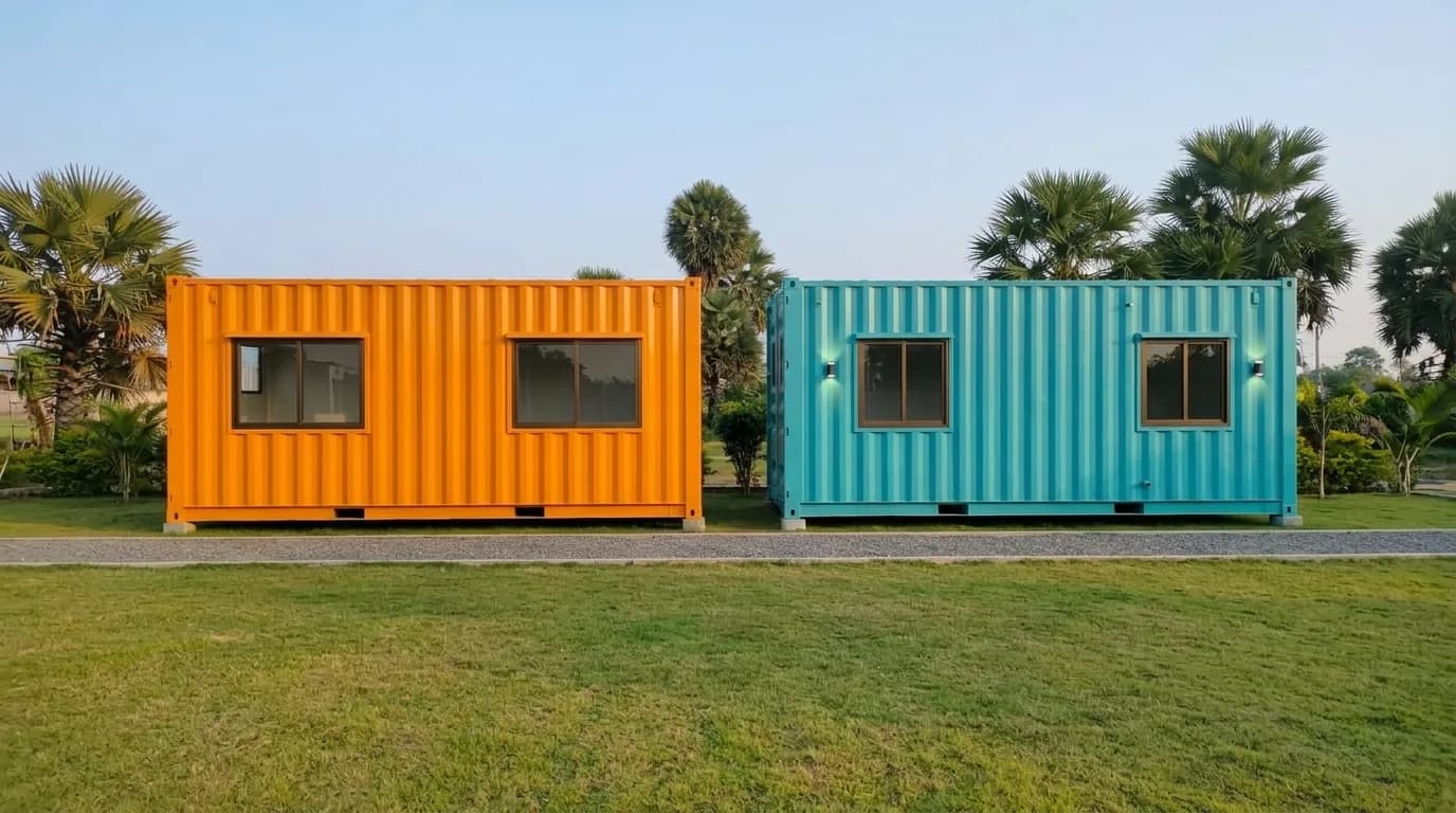 Two porta cabins in orange and blue standing side by side on level ground, each with sliding windows and exterior wall lights
