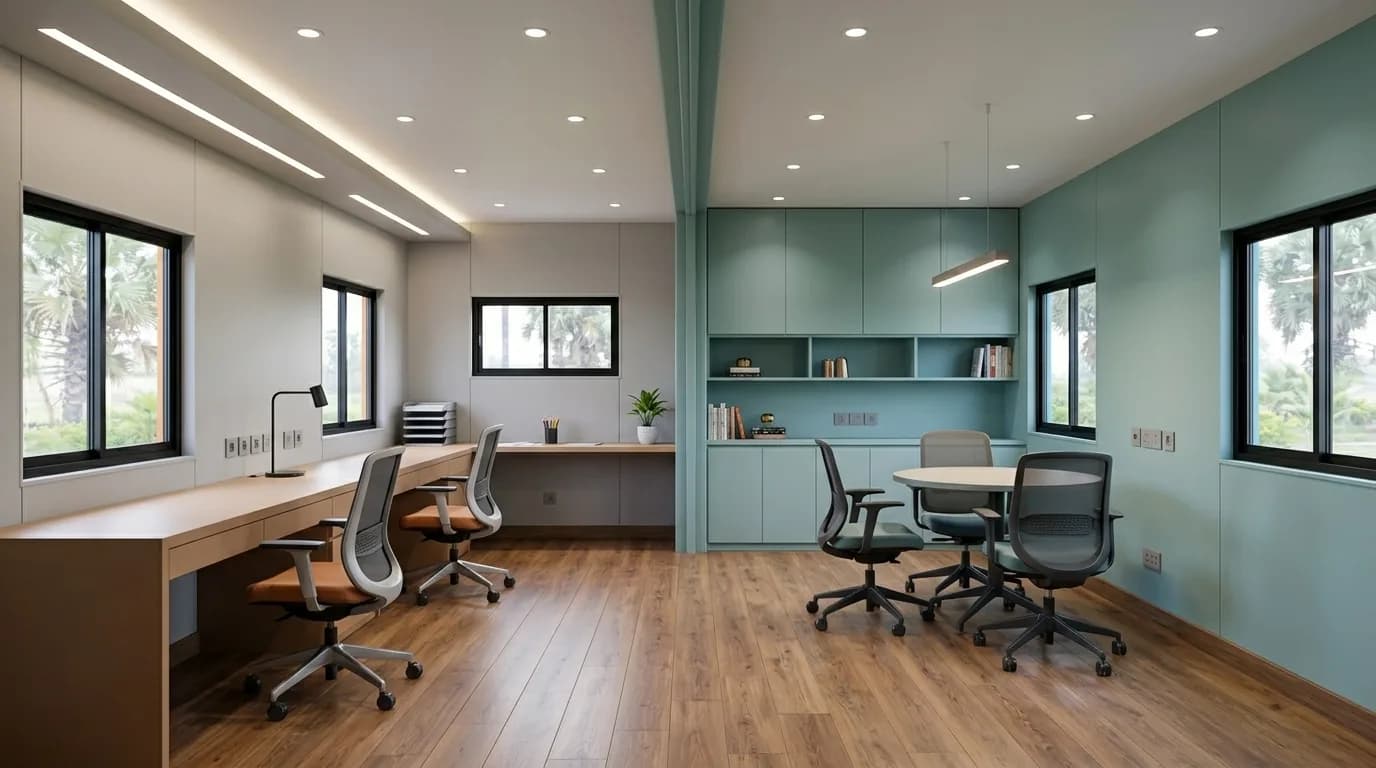 Interior of a porta cabin fitted as an office, with a run of desks and task chairs along the window wall, a round meeting table, wall cabinets and a false ceiling with recessed lighting