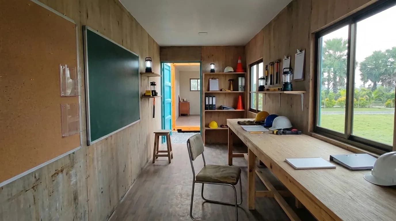 Interior of a porta cabin fitted as a site office, with a plywood-lined wall, a board, a long work bench under the window, shelving with folders and hard hats on the bench