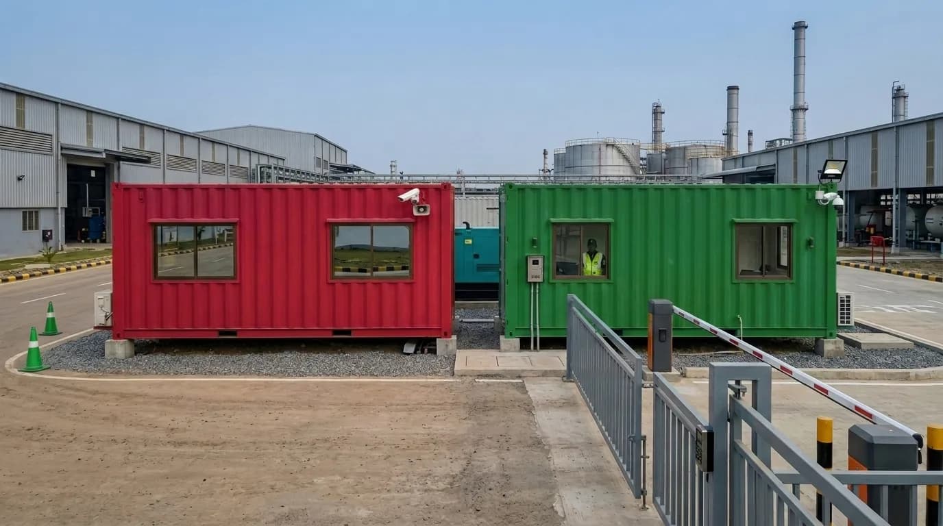 Two porta cabins in red and green positioned at an industrial gate, with wide glazing facing the approach, a boom barrier alongside and factory sheds behind
