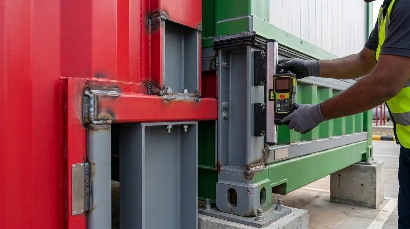 Close view of the steel base frame and corner casting where two porta cabins meet, showing welded sections, bolted plates and the concrete pads they rest on