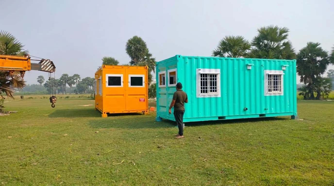 Two porta cabins in orange and turquoise set down on open ground with a crane boom and hook to one side and a person walking towards the nearer cabin