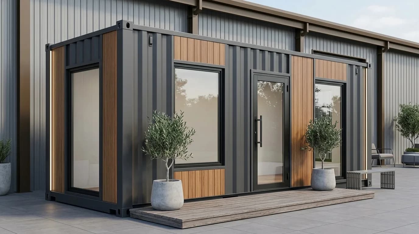 Dark grey container-style porta cabin with timber cladding accents and full-height glazing