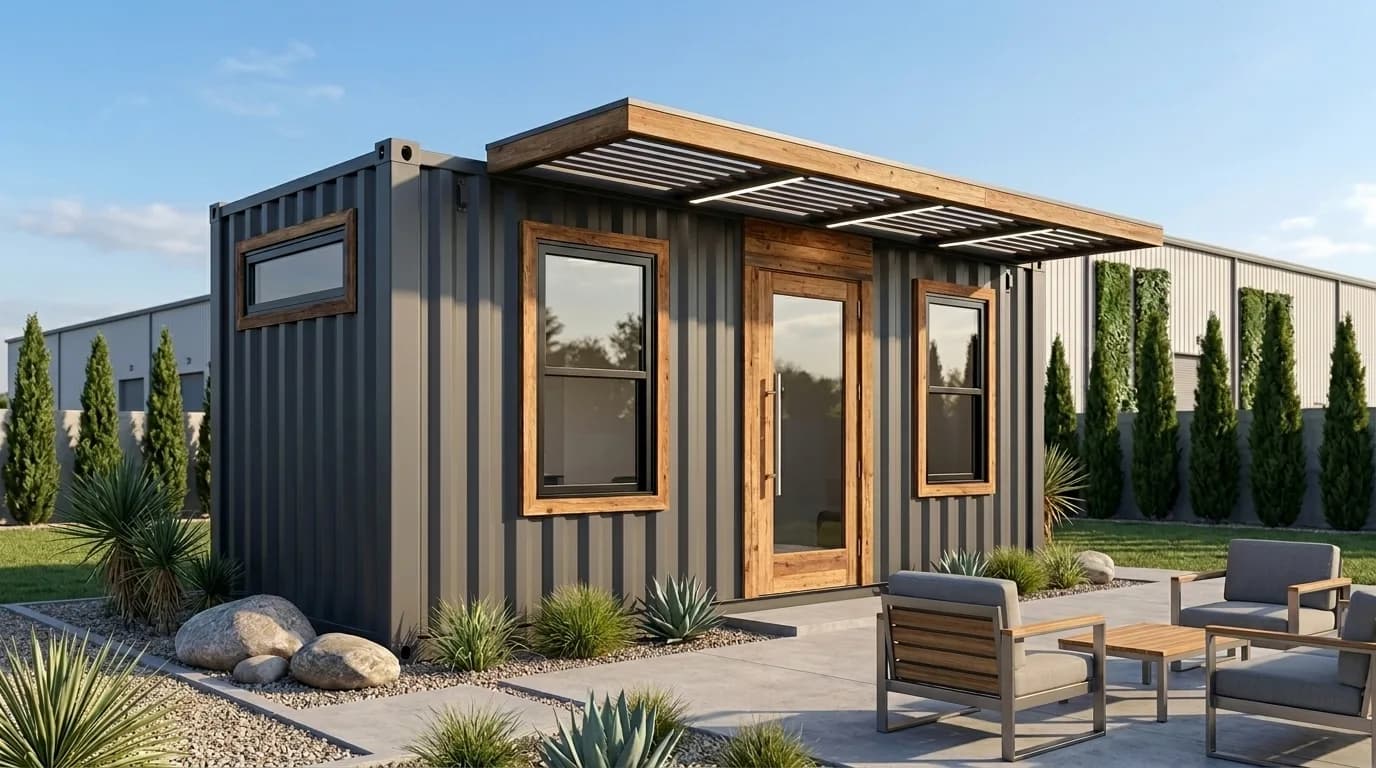Porta cabin exterior with timber-framed windows and a slatted canopy over the entrance