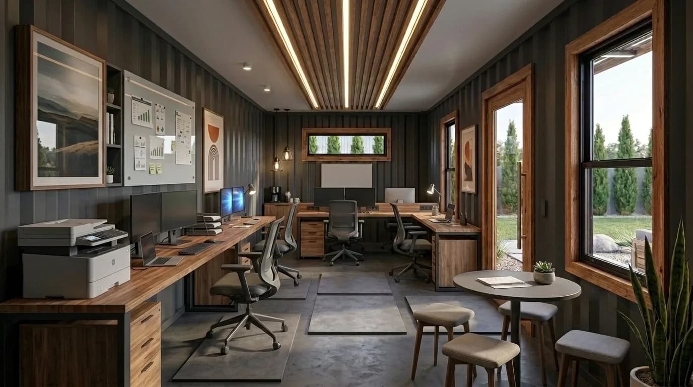 Porta cabin site office interior with desk workstations, mesh task chairs, dual monitors, a printer and a wall pinboard