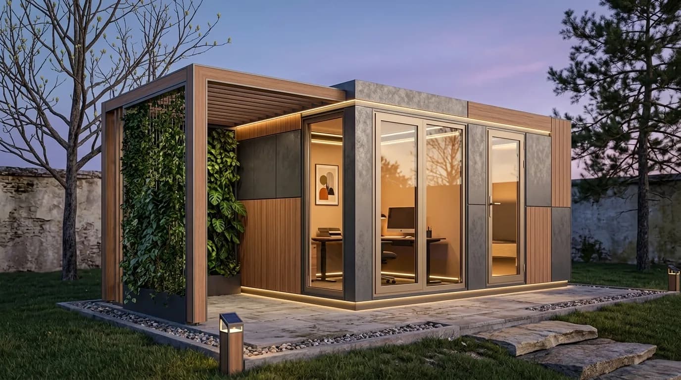 Compact porta office cabin at dusk with a glazed front, a desk inside and interior lighting