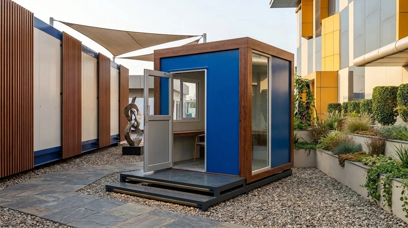 Blue and timber porta security cabin with glazed sides, an open door and a desk and chair inside