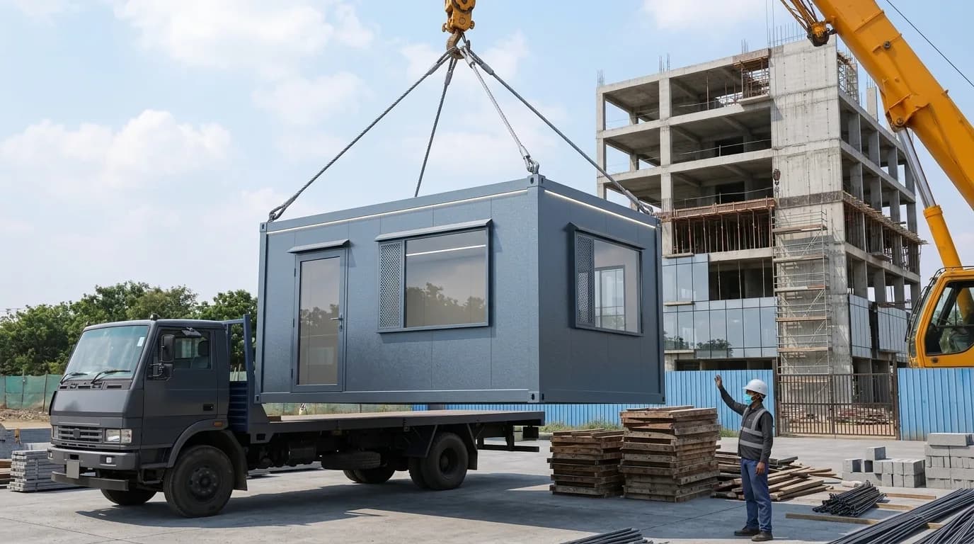 Porta cabin being lifted from a flatbed truck by crane at a construction site