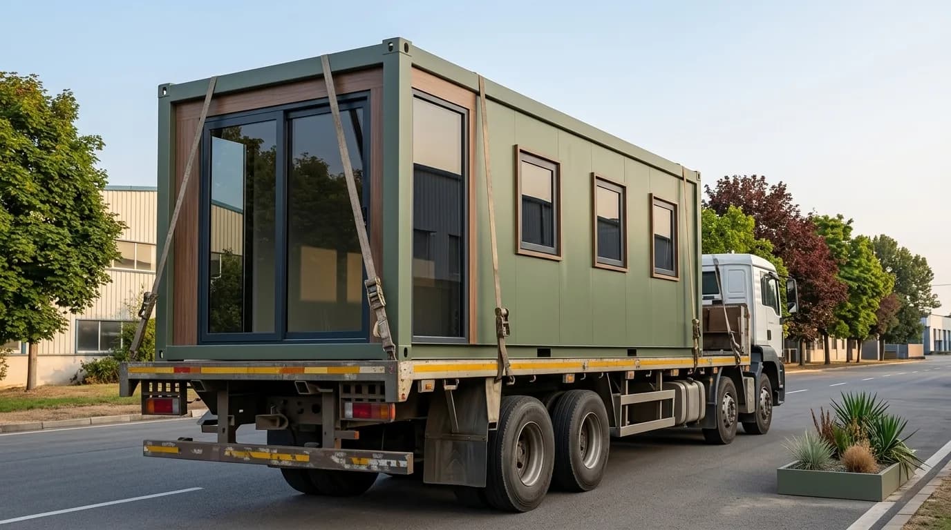 Porta cabin strapped to a flatbed truck for road transport