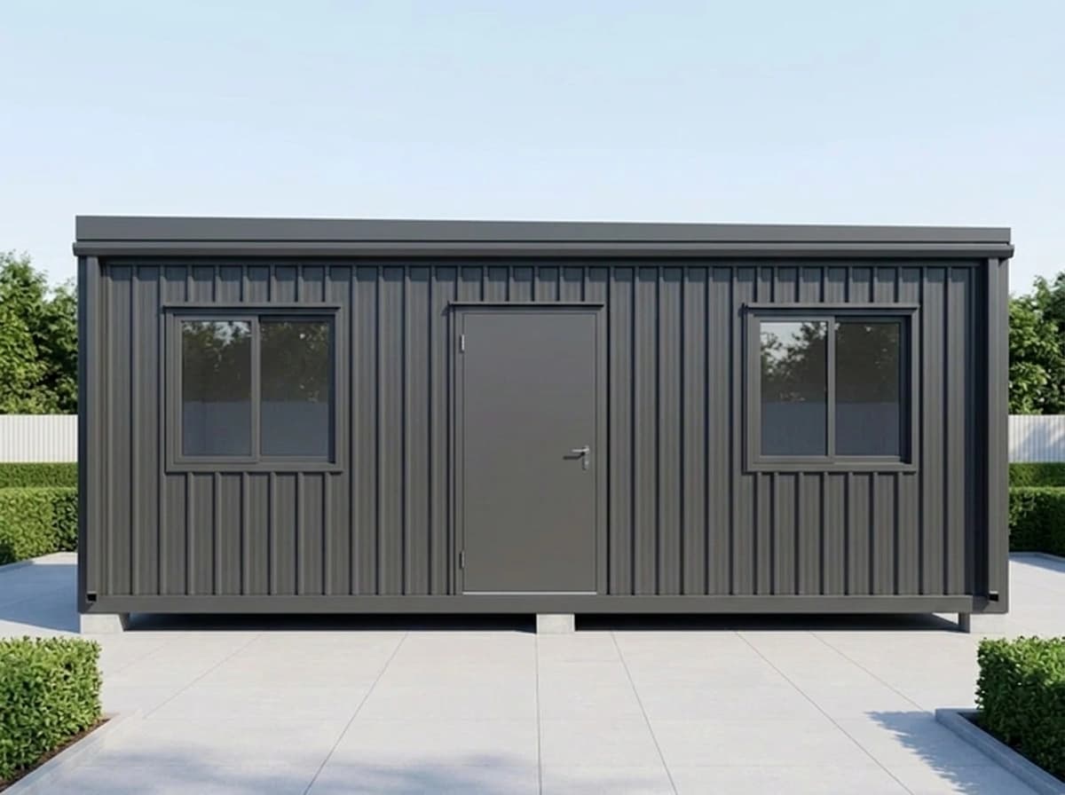 Design visualisation of a dark grey porta cabin's long front, head-on, in vertical ribbed sheeting under a flat roof edge, with a single grey door between two sliding windows, on a paved forecourt between low hedges