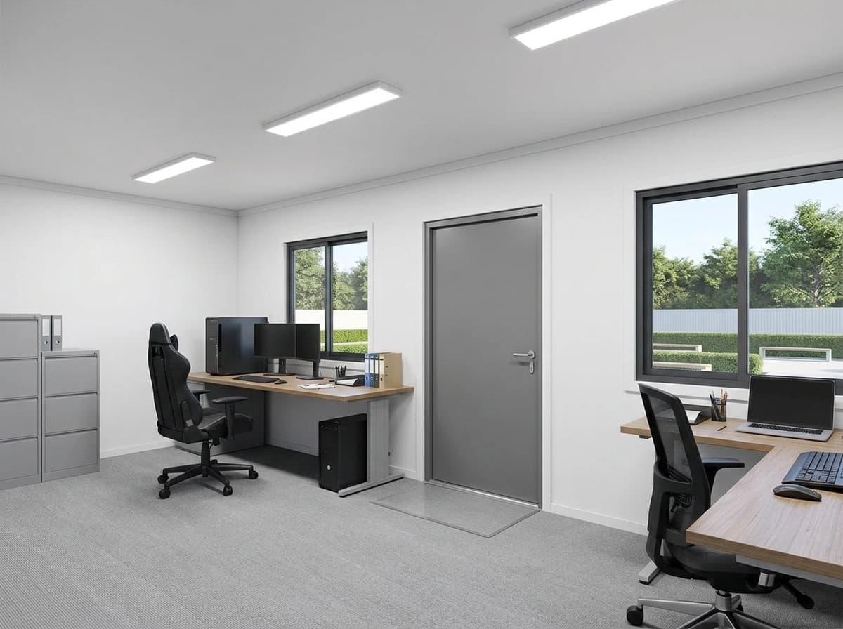Design visualisation of a porta cabin interior set up as an office, with white walls, linear ceiling lights, grey carpet, two desks with monitors, a laptop and office chairs, two grey filing cabinets, a grey door and two windows