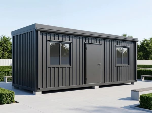 Design visualisation of the same porta cabin seen from a front corner, in dark grey vertical ribbed sheeting, with a door between two windows on its long side and a plain short end, on a paved court with hedges and benches