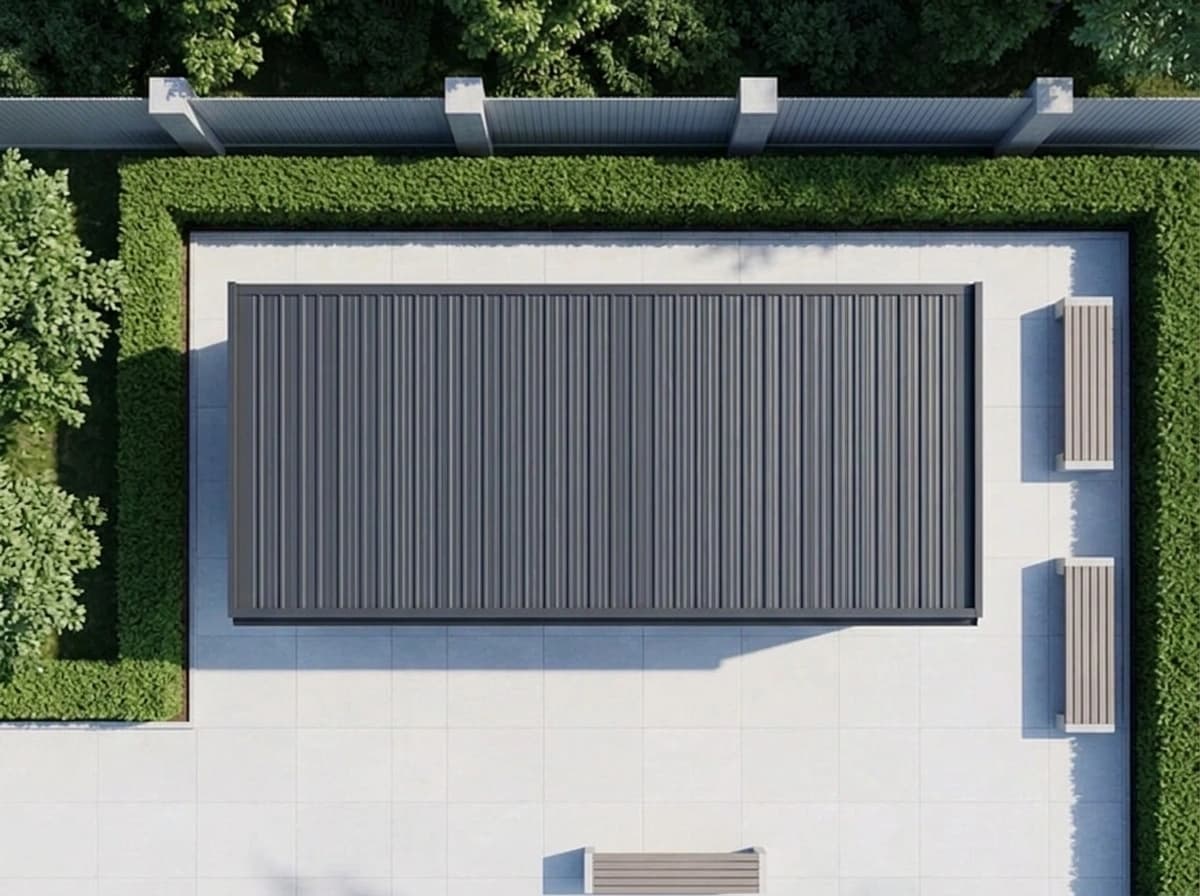 Design visualisation of the porta cabin from directly above, its flat dark grey ribbed roof on a paved pad framed by a hedge, with benches beside it and a fence and trees beyond