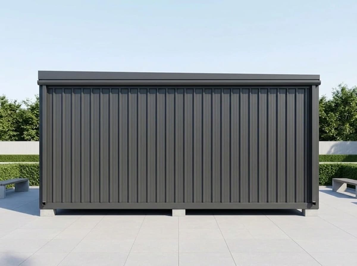 Design visualisation of the porta cabin's long back wall, head-on, in dark grey vertical ribbed sheeting with no door or window under a flat roof edge, on a paved court between benches and hedges