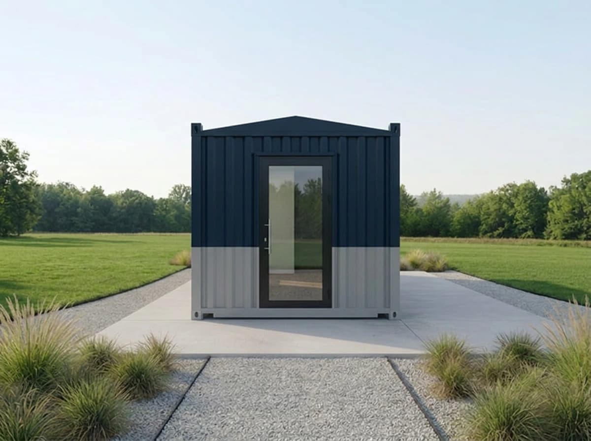 Design visualisation of a small porta cabin, head-on, in navy vertical corrugated sheeting over a light grey lower band, with a full-height glazed door, standing on a concrete slab behind a gravel path and planted grass beds