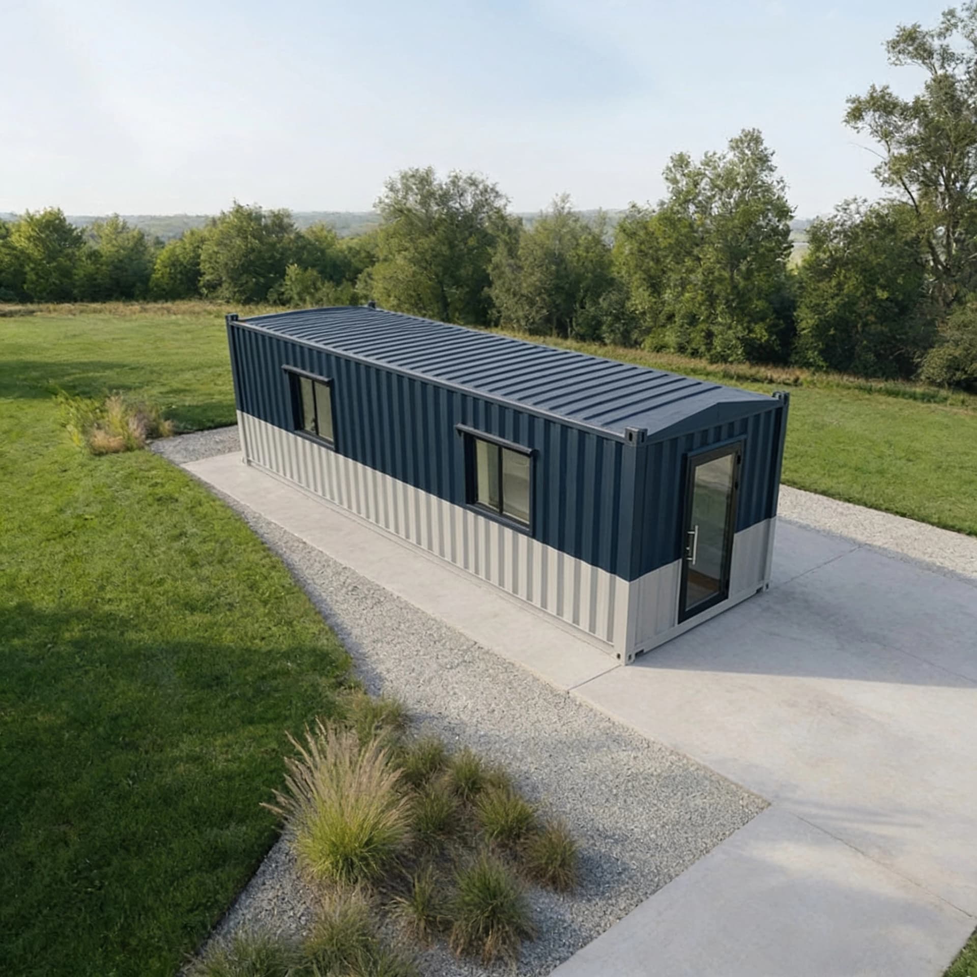 Design visualisation of a long porta cabin seen from above at one corner, in navy corrugated sheeting over a light grey lower band, with two windows along the side and a full-height glazed door at the end, on a concrete slab edged with gravel