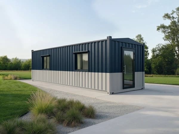 Design visualisation of the same long porta cabin from a front corner at ground level, navy over light grey corrugated sheeting, with two windows along the side and a full-height glazed door at the end