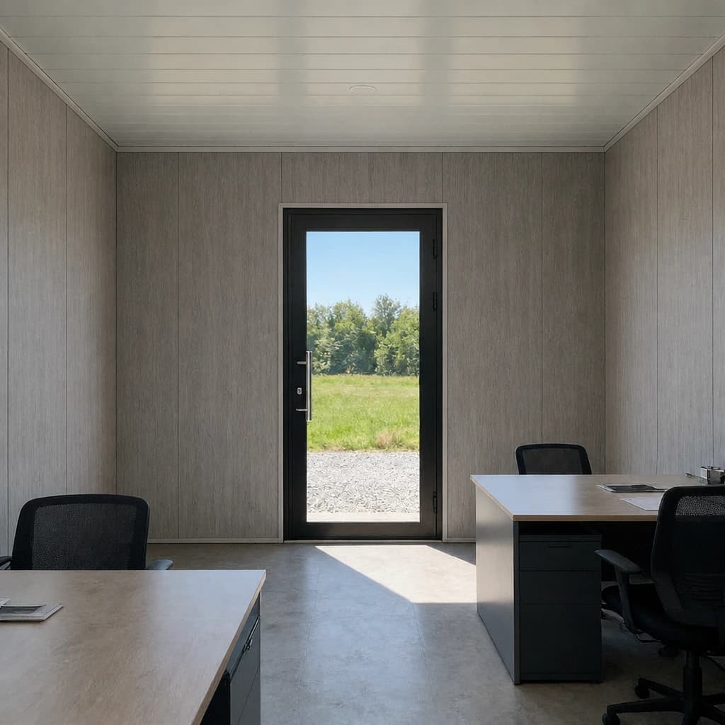 Design visualisation of a porta cabin interior set up as an office, with light wood-effect wall panels, a white panelled ceiling, two desks with mesh office chairs and a full-height glazed door opening onto a lawn