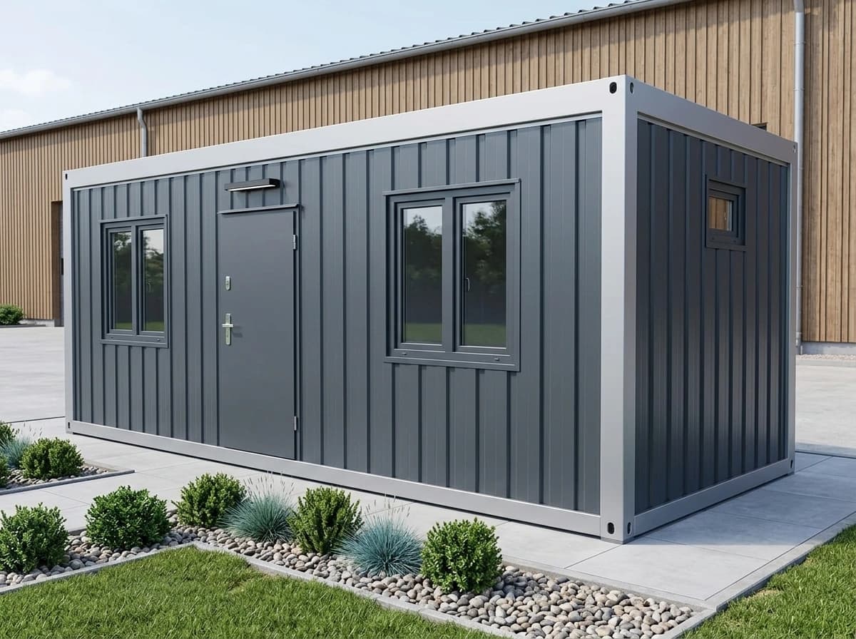 Design visualisation of a dark grey porta cabin clad in vertical ribbed steel sheeting, seen from one corner, with a door under a light, two double windows and a small end window beside a paved path