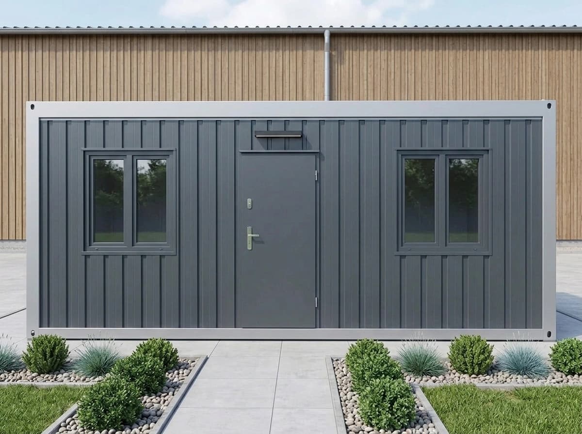 Design visualisation of the same dark grey porta cabin seen head-on, with a central door under a light and a double window on each side, at the end of a paved path between planted borders
